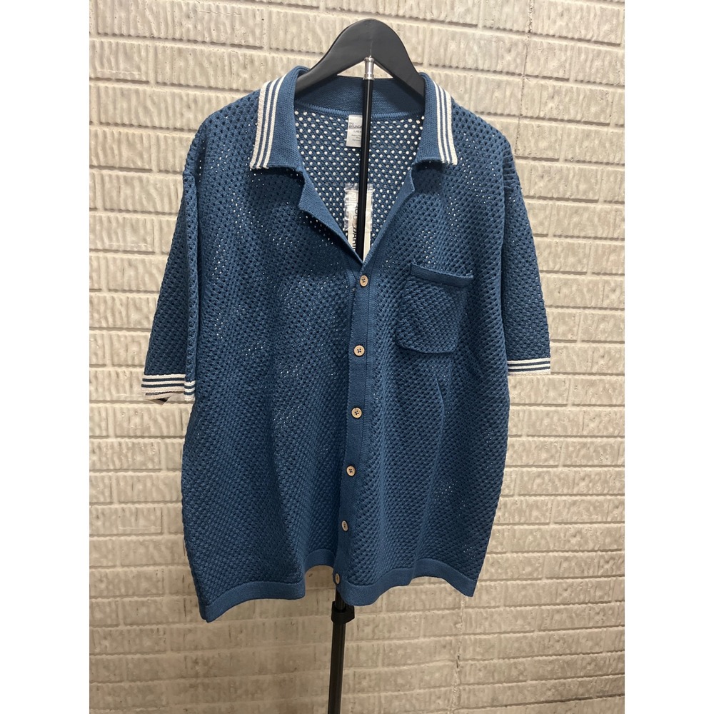 Free Assembly Mens Mesh Stitch Polo Sweater Navy Blue Short Sleeve Large NWT